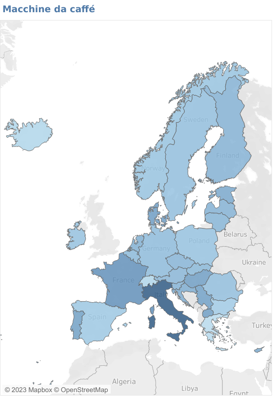 Mappa dell'aumento del prezzo delle macchine da caffé in Europa