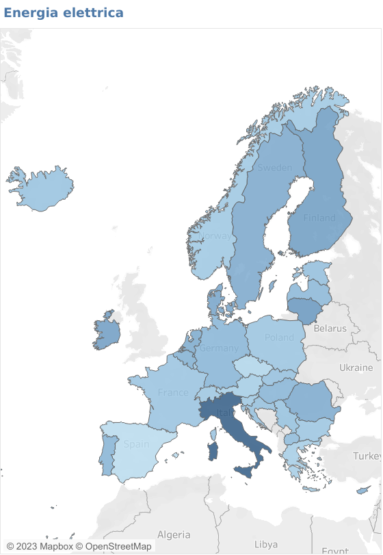 Mappa sull'aumento delle tariffe di energia elettrica in Europa a dicembre 2022