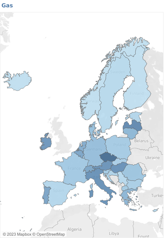 Mappa sull'aumento delle tariffe di gas in Europa a dicembre 2022