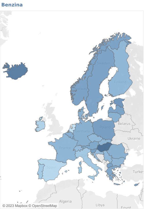 Mappa dell'aumento del prezzo della benzina in Europa a dicembre 2022