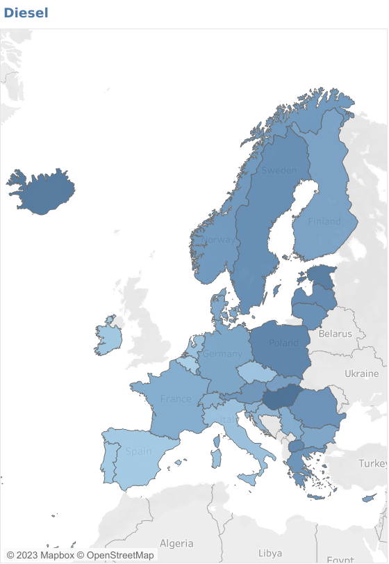 Mappa dell'aumento del prezzo del gasolio in Europa a dicembre 2022