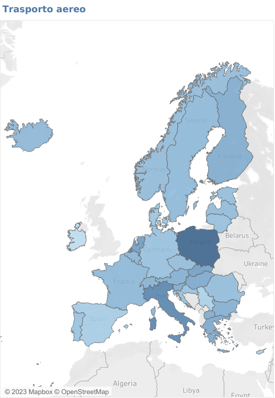 Mappa dell'aumento dei prezzi dei biglietti aerei in Europa a dicembre 2022