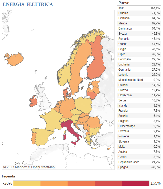 Mappa sull'aumento delle tariffe di energia elettrica in Europa