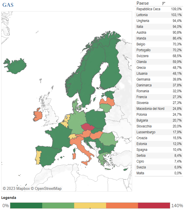 Mappa sull'aumento delle tariffe di gas in Europa